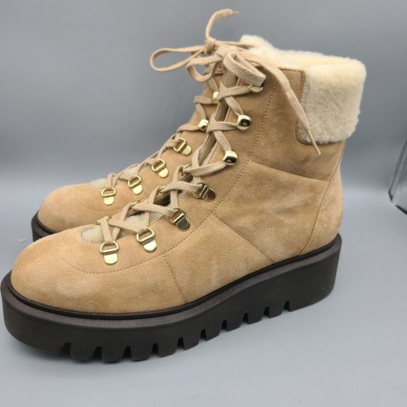 Stuart Weitzman combat boots Chalet lug tan Suede faux fur lace up sz 8 new - Picture 4 of 7